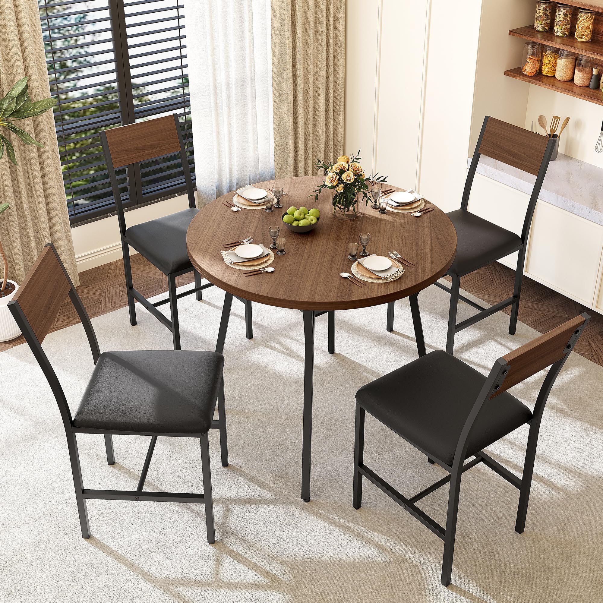 Round Dining Table Set for 4 with Pedestal Base - Walnut