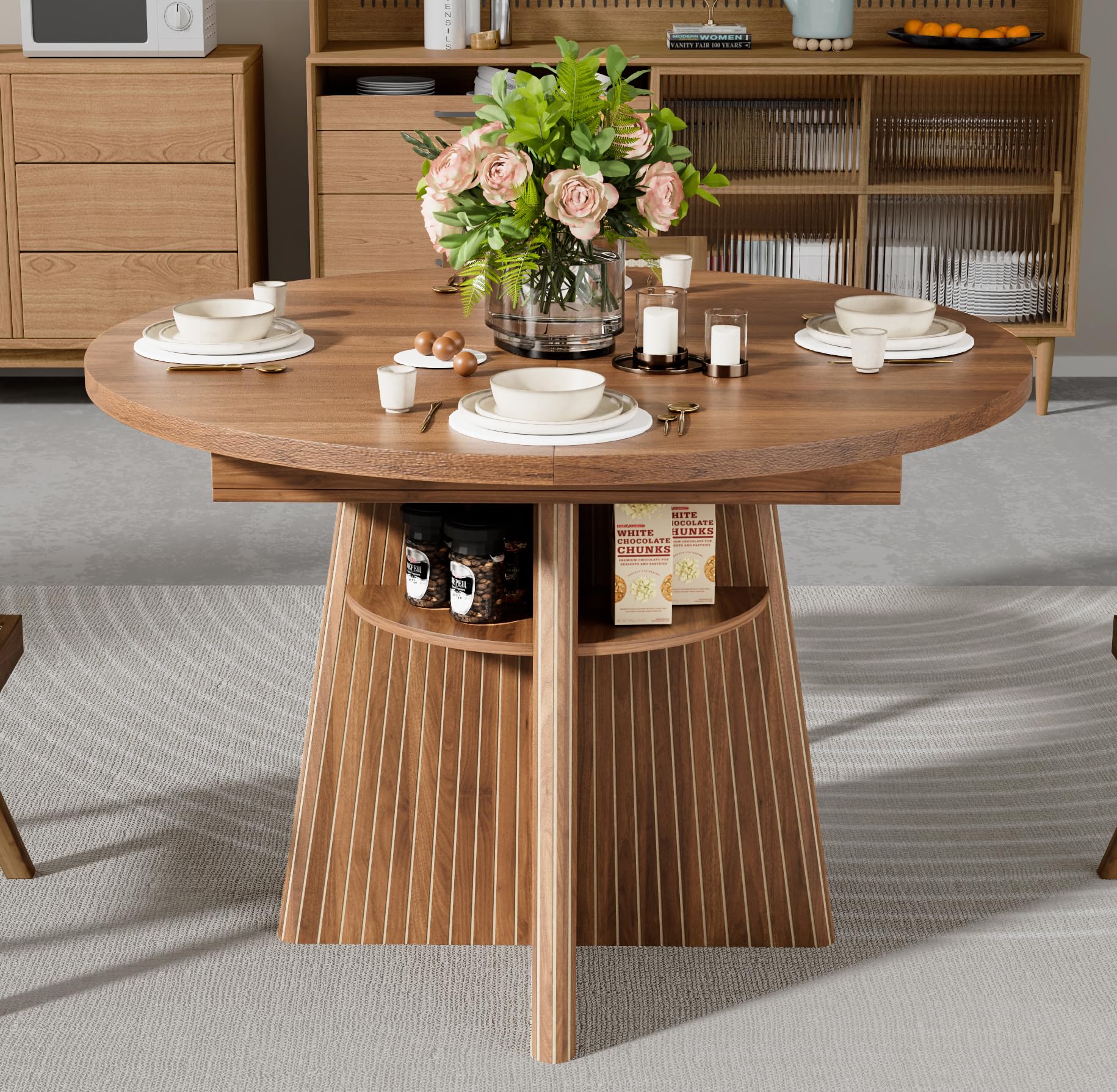 Extendable Round Dining Table with Storage Shelves