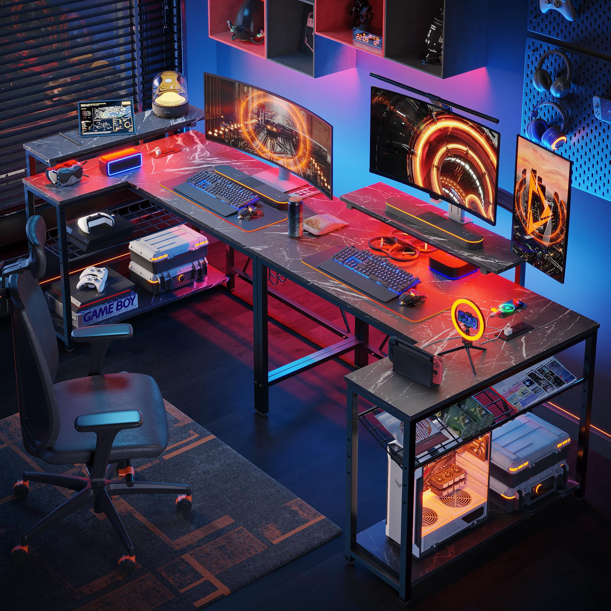 Gaming Desk with Power Outlets, 42" L-Shaped Gaming Desk with LED Lights