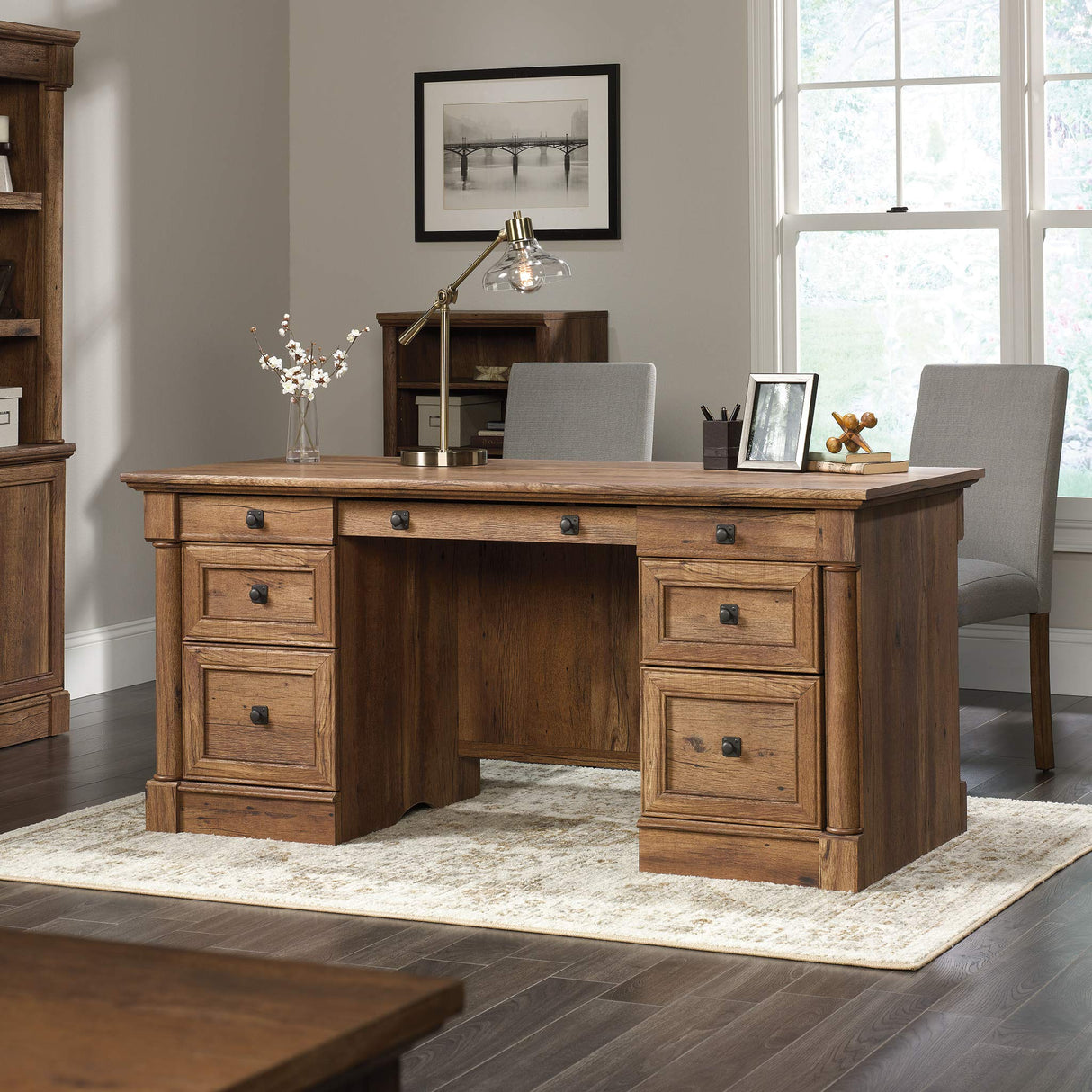 Sauder Palladia Executive Desk, Engineered Wood, 29.5"D x 65.1"W x 29.61"H, Vintage Oak finish