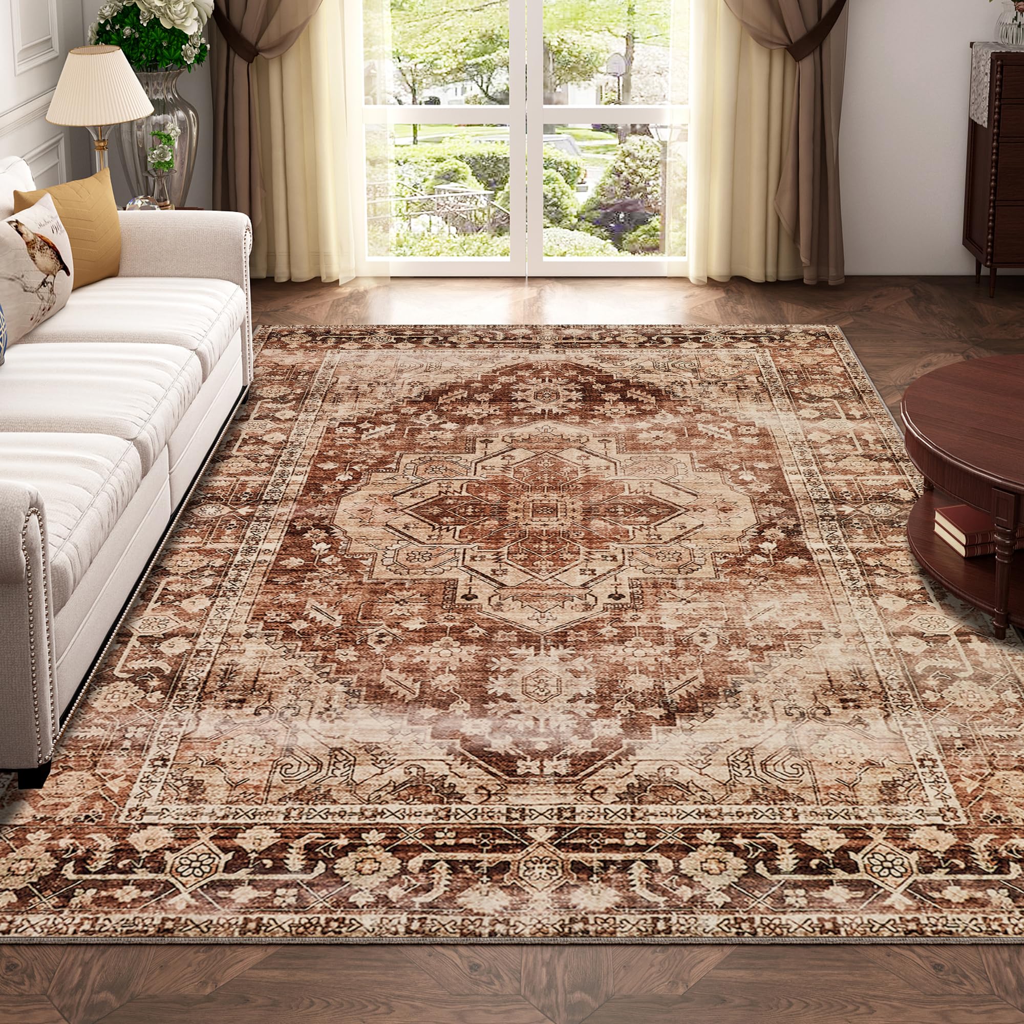 Large Vintage Washable Rug 8x10 Rust/Multi Low-Pile Indoor Floral Print