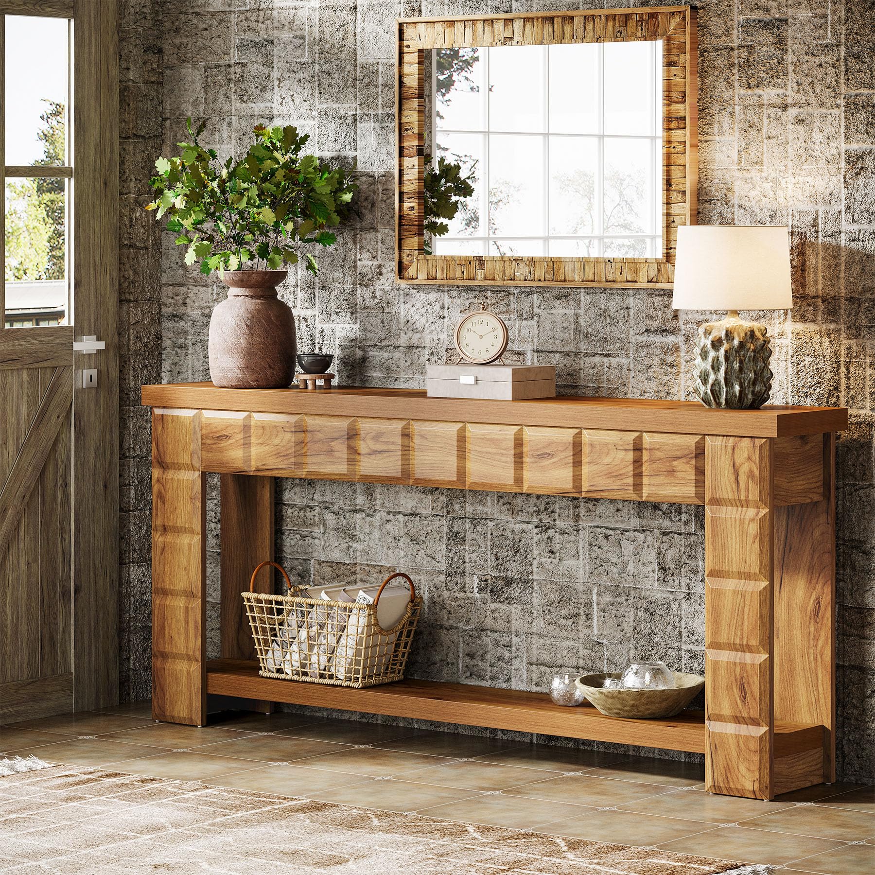 70.9" Extra Long Console Table, Farmhouse 2-Tier Entryway Table with Storage