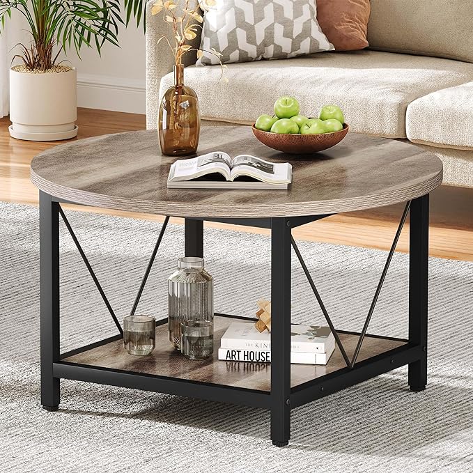 Round Coffee Table, Coffee Tables for Living Room, Small Coffee Table, 2 Tier Marble Circle Table with Open Storage Shelf,