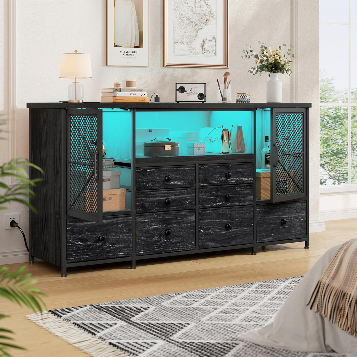 EnHomee Dresser for Bedroom with Power Outlets & LED Lights