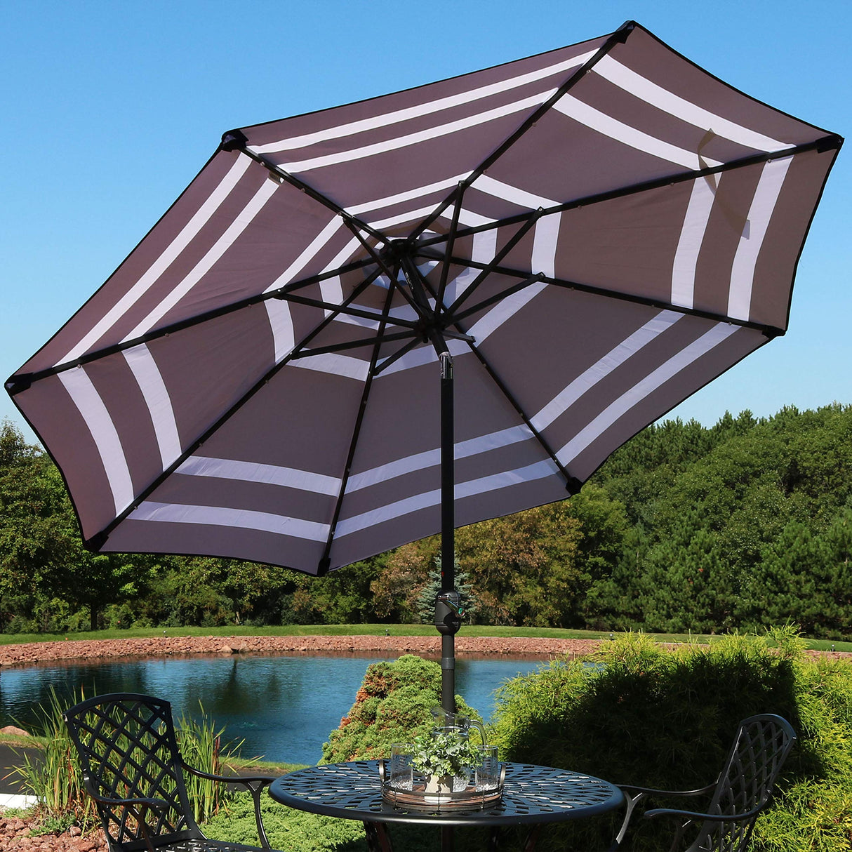 9 ft Striped Patio Umbrella with Solar Lights - Polyester LED Table Market Umbrella
