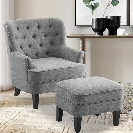 Accent Chair and Ottoman Set - Button Tufted Armchair for Living Room, Bedroom