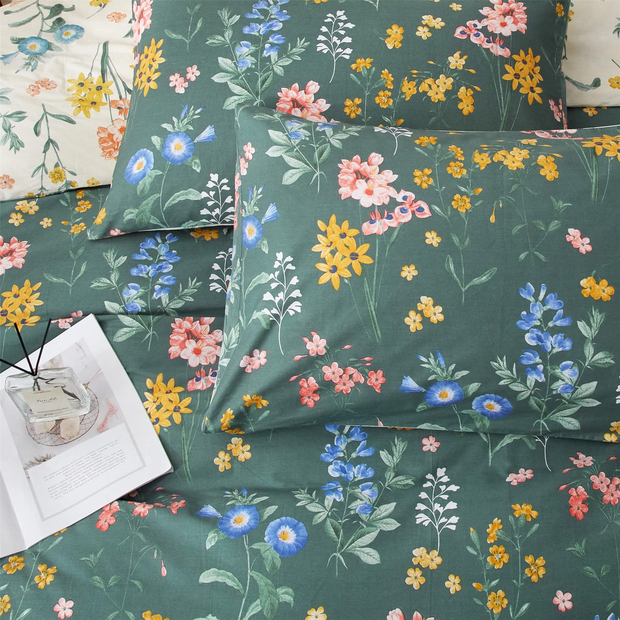 Green and White Floral Duvet Cover King 100% Cotton,Reversible Green Garden Flower