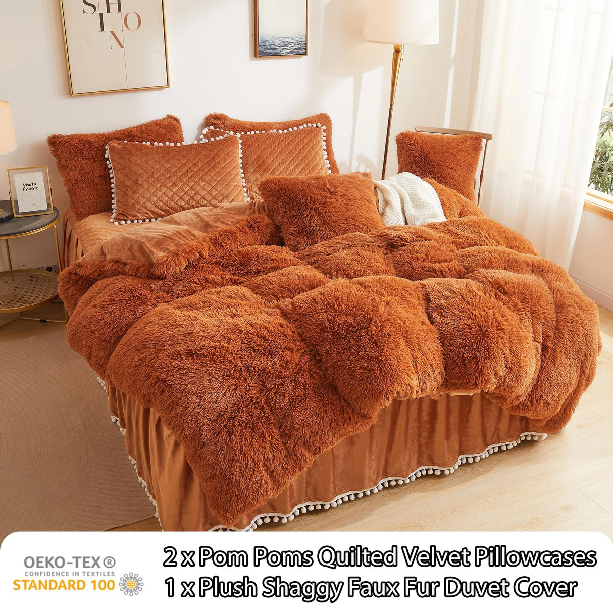 Terracotta Plush Shaggy Duvet Cover Set, Soft Velvet Fluffy Comforter Quilt Cover Bedding Set(1 Faux Fur Fuzzy Duvet Cover + 2 Pompoms Pillow Cases), Zipper Closure(King, Burnt Orange)