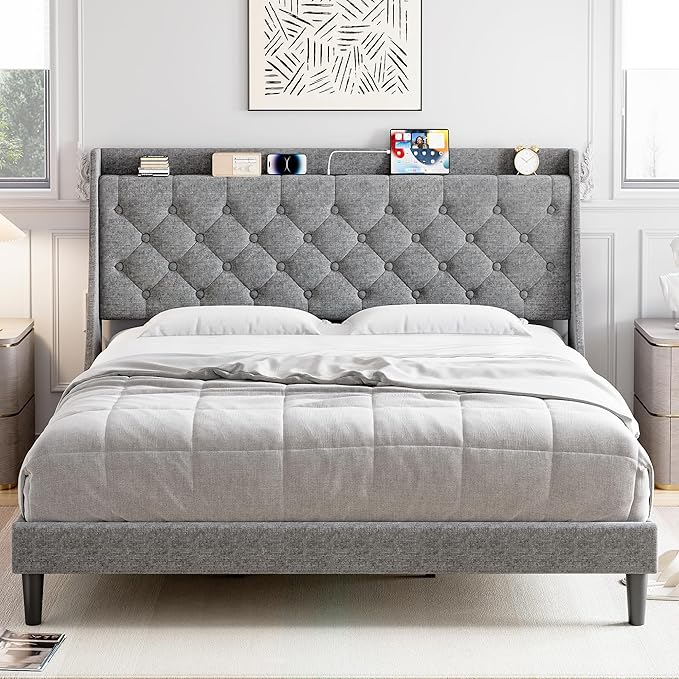 Queen Bed Frame with Charging Station and Wingback Headboard, Button Tufted