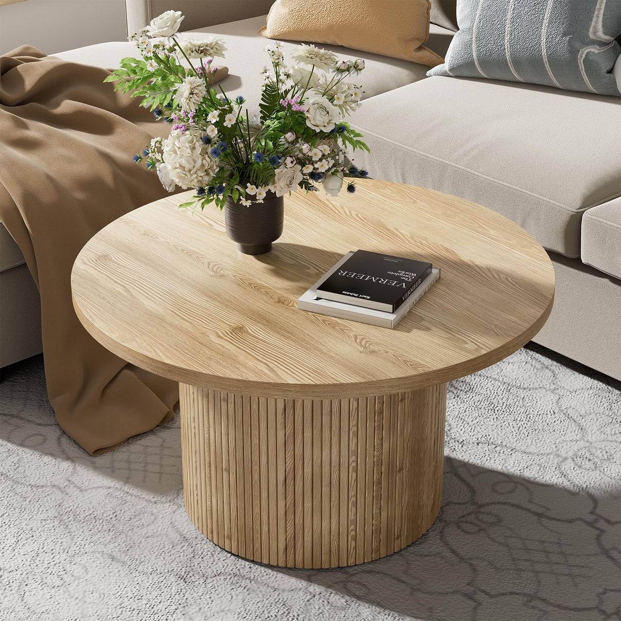 35.4”Round Coffee Table, Modern Coffee Table, Wood Table & Center Table for Living