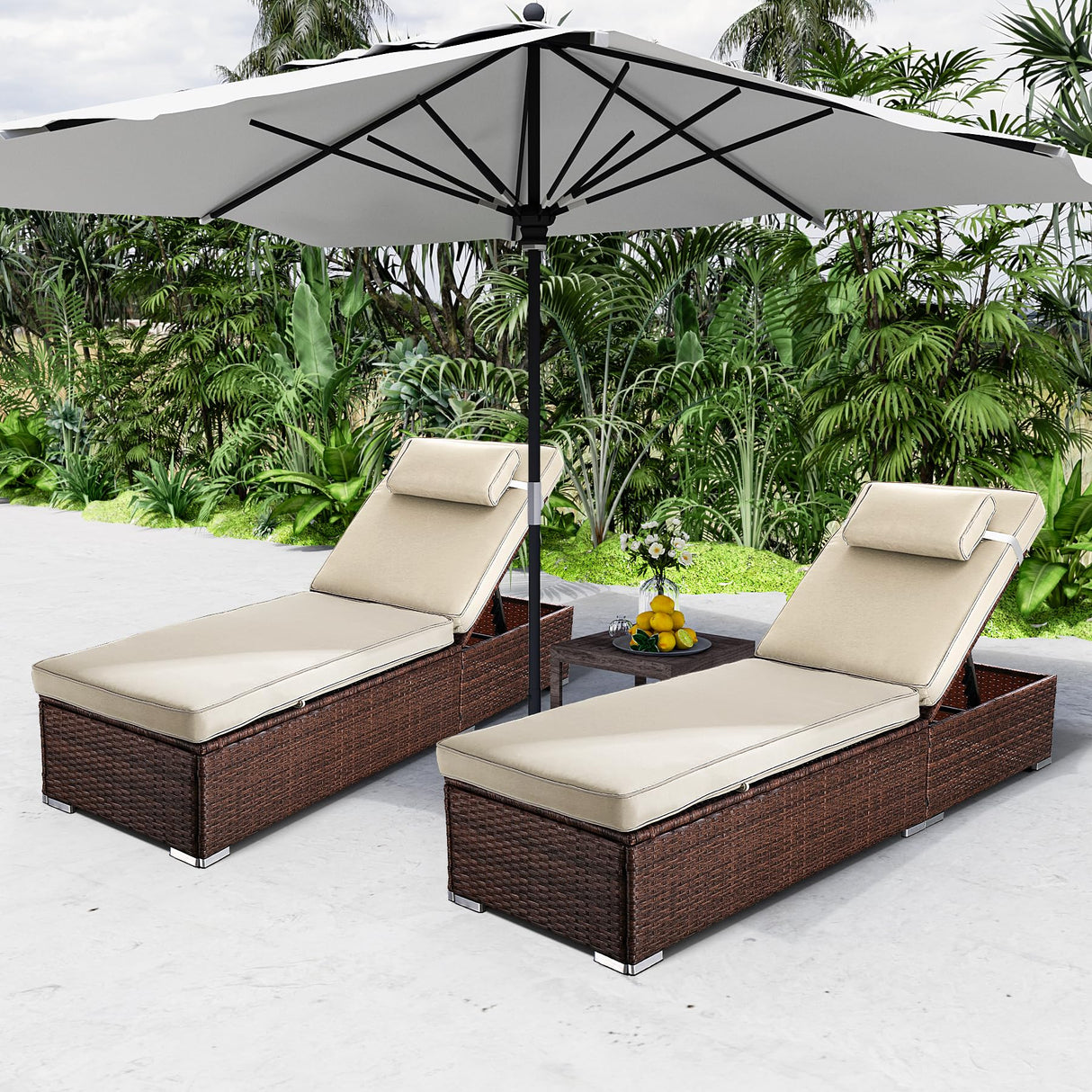 Outdoor PE Wicker Patio Lounge Chairs Set of 2, Outside Rattan Pool Lounge Chair