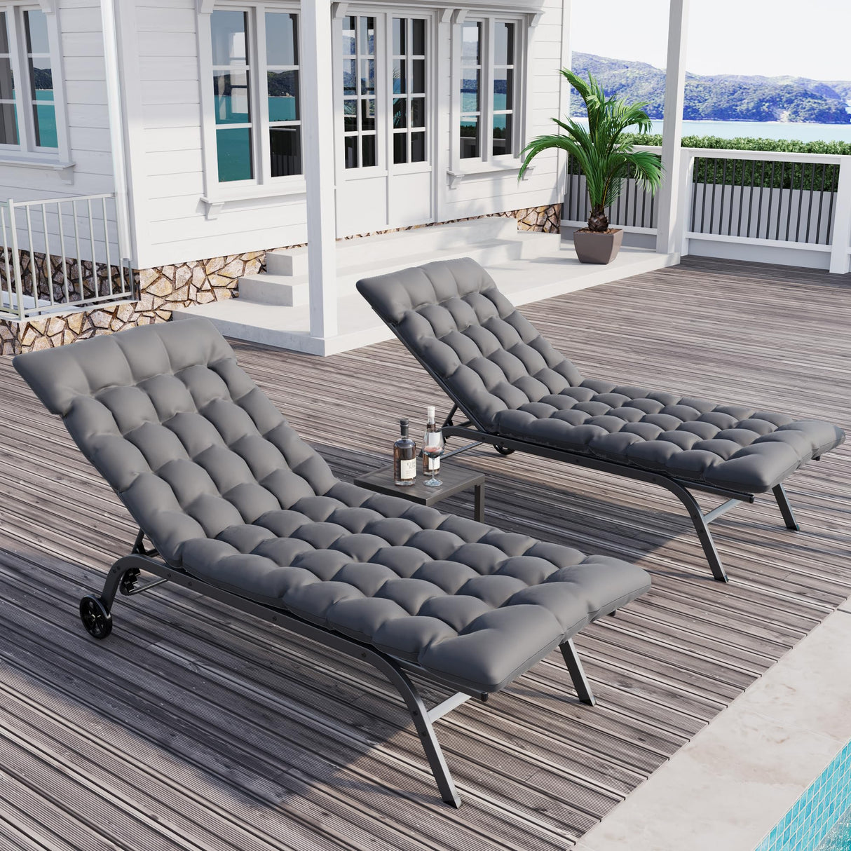 Chaise Lounge Outdoor Set of 3, Aluminum Lounge Chairs ,Deck