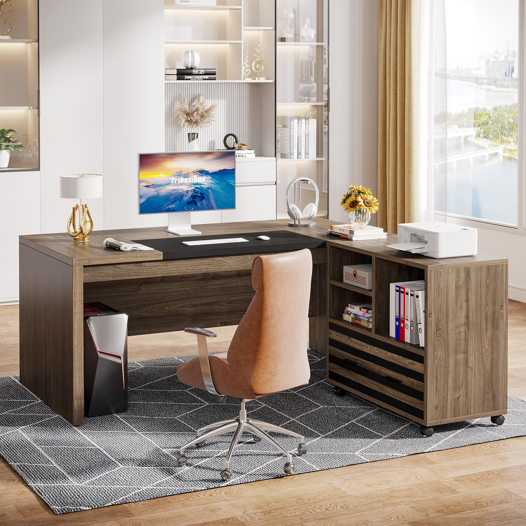 62.2" Executive Desk with Mobile File Cabinet, L-Shaped Office Desk