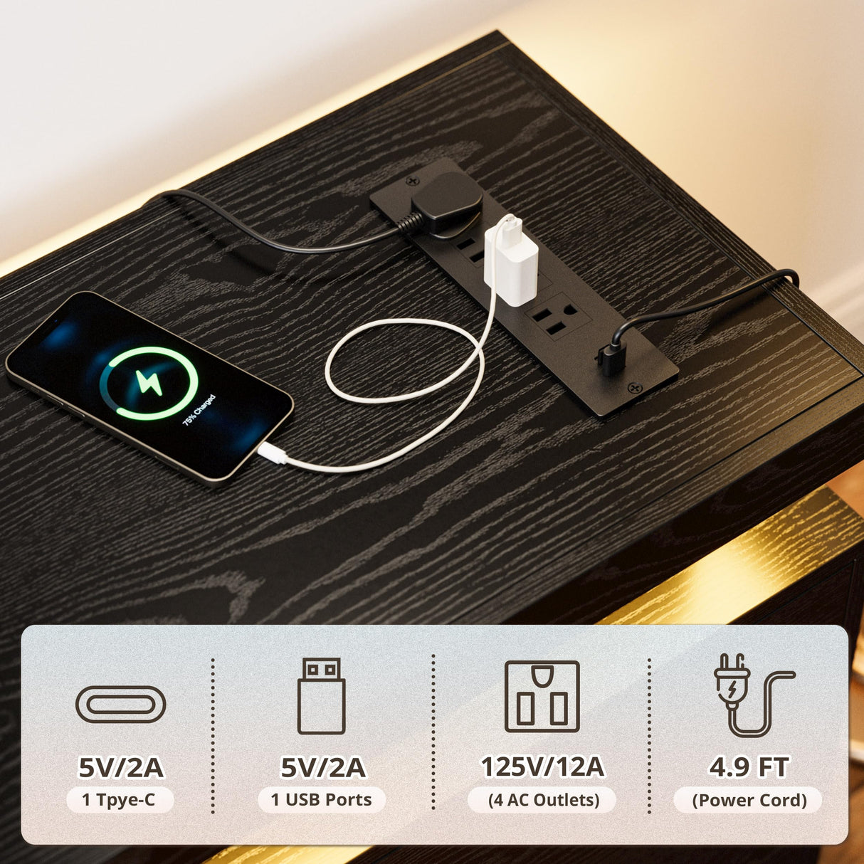 75 Inch TV Stand with LED Lights and Power Outlets