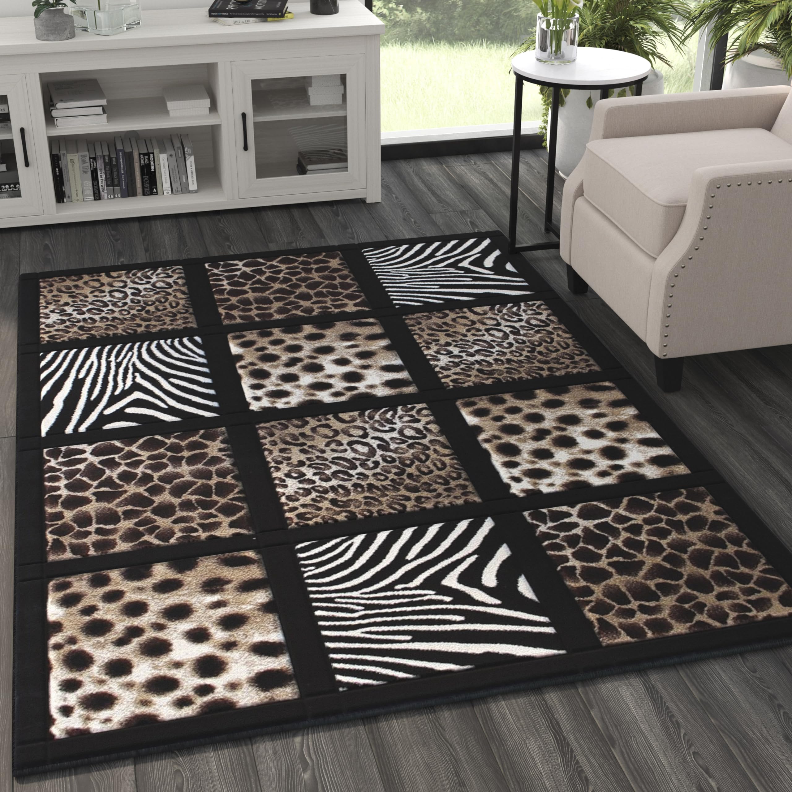 5' x 7' Modern Animal Print Olefin Area Rug with Cheetah, Leopard