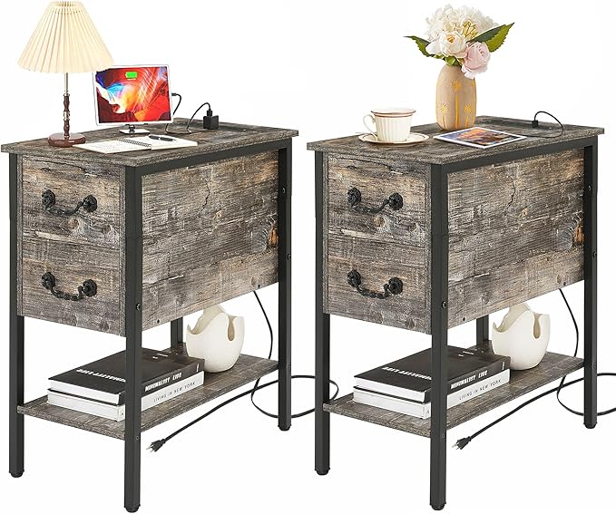 End Tables,Narrow Nightstands with Charging Station & USB Ports &Drawers