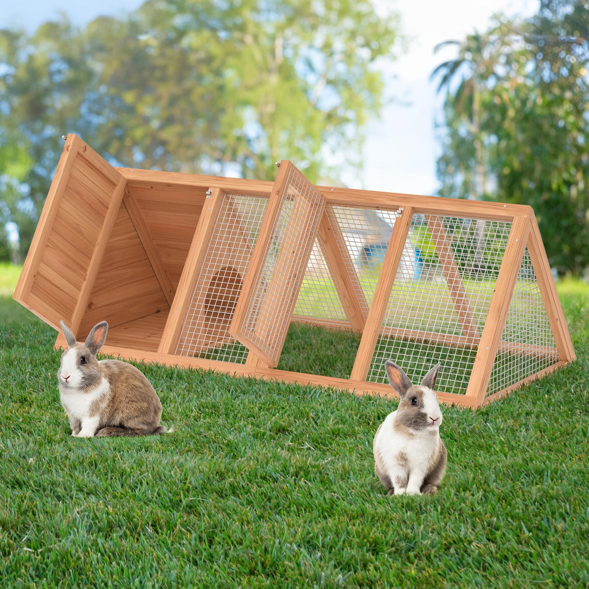 Rabbit Hutch, Small Chicken Coop Outdoor A-Frame Quail Cage with 2 Door & Run Cage