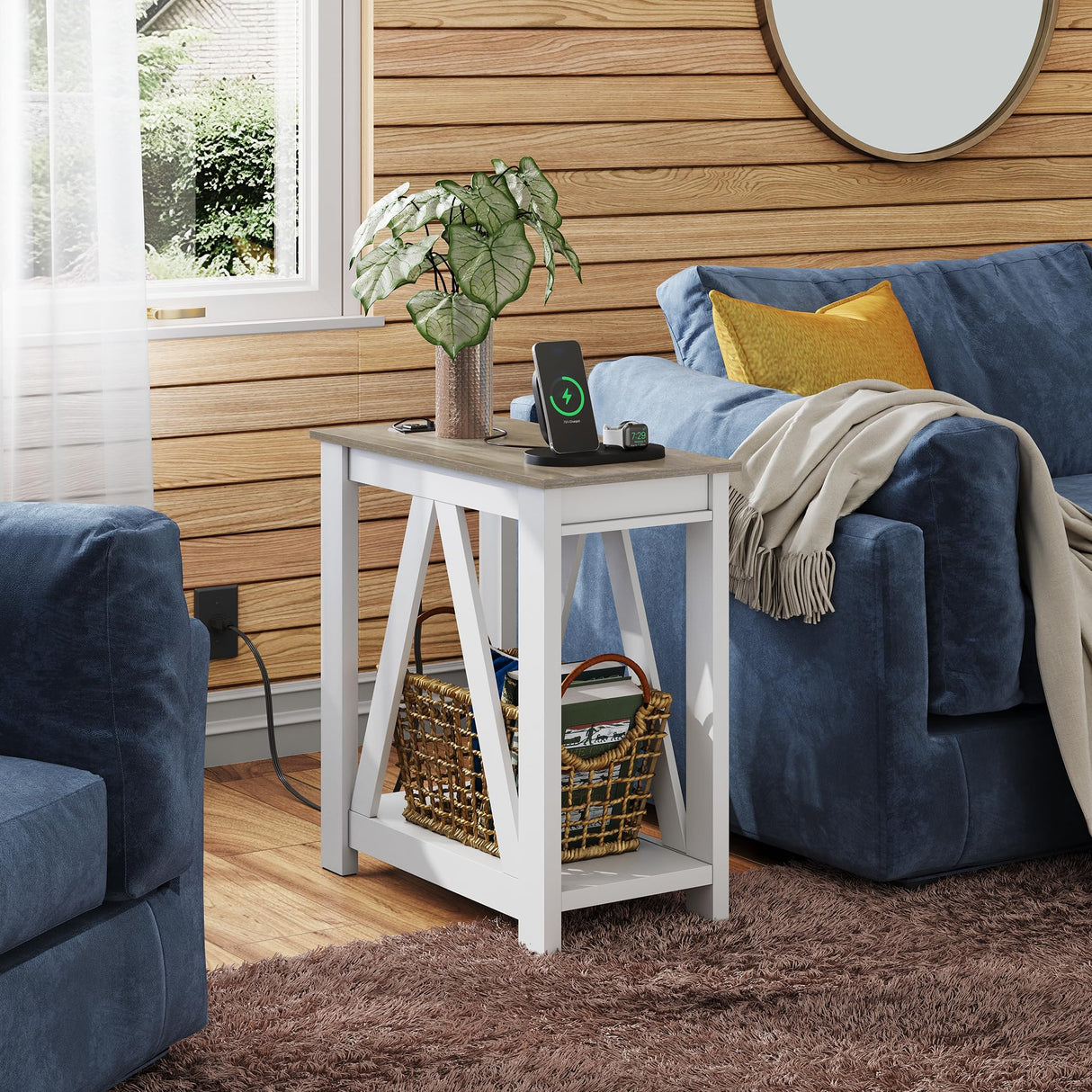 Farmhouse End Table, Narrow Side Table with Charging Station, Slim End Table