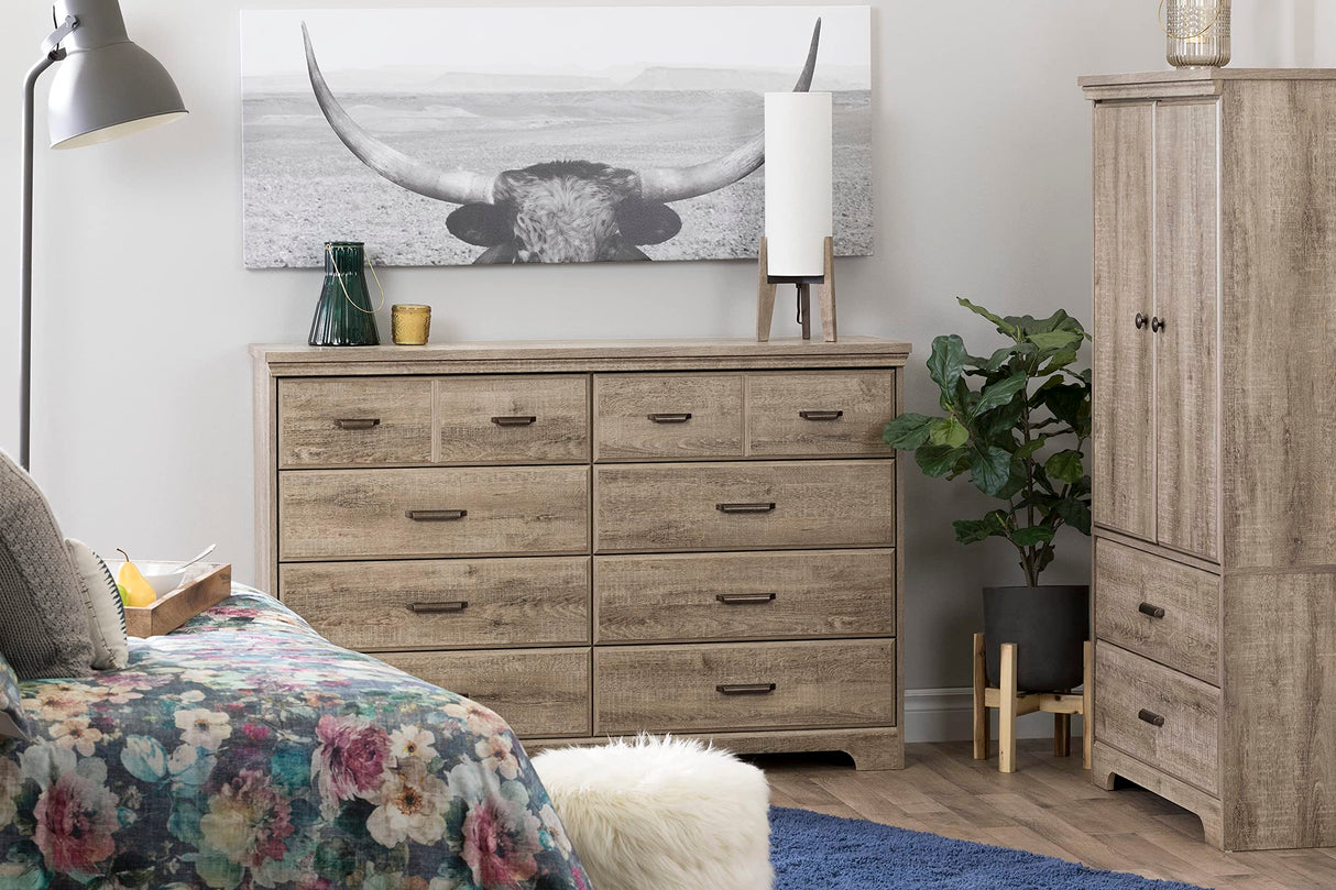 Versa Collection 8-Drawer Double Dresser, Weathered Oak with Antique Handles