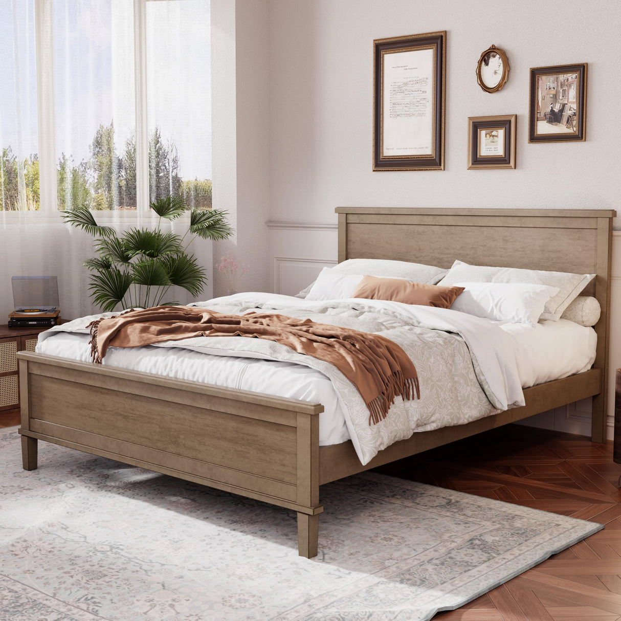 Platform Bed with Headboard and Footboard, Mid-Century Wood Queen Size Bed