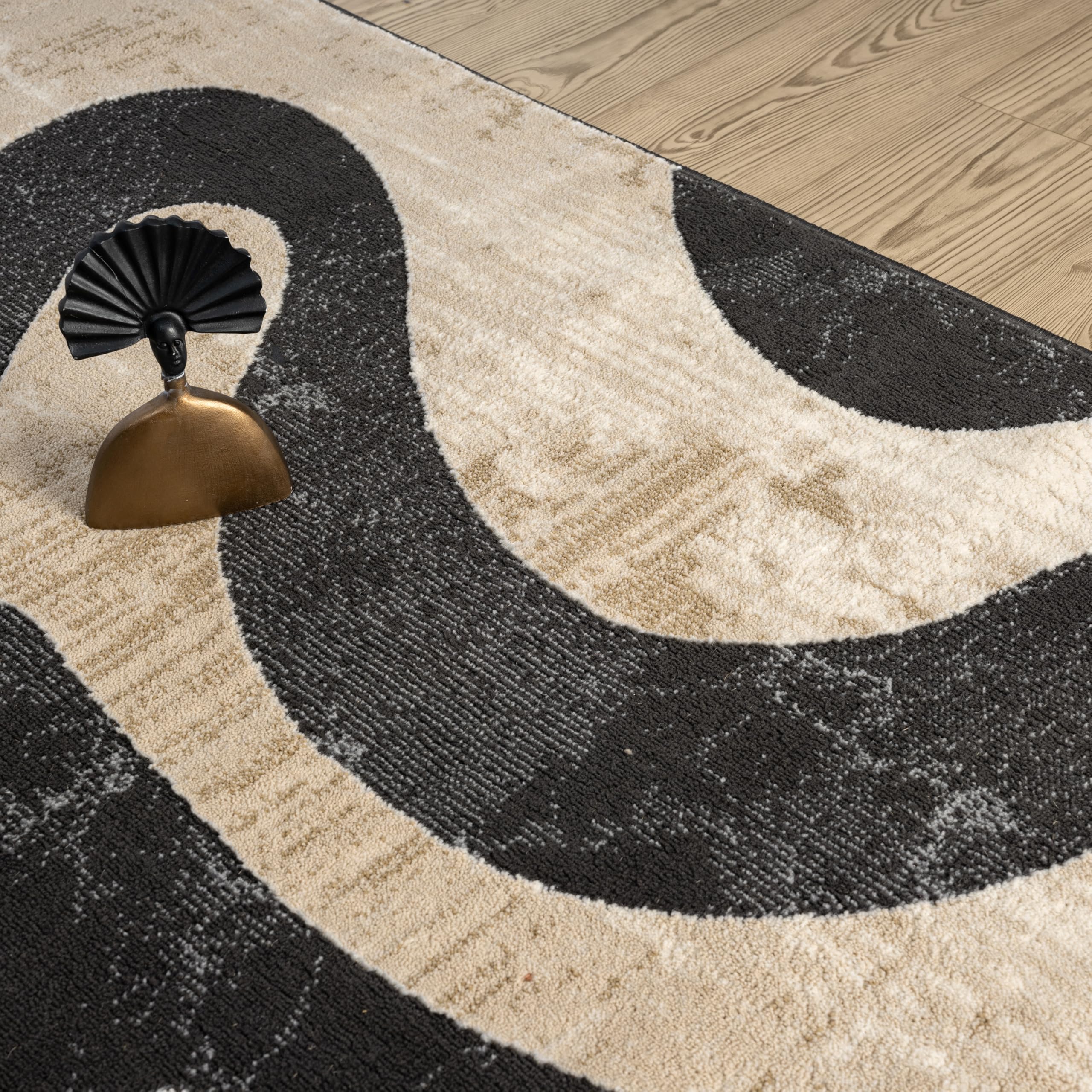 Beige Black Swirl Modern Area Rug – 4' x 6' – Contemporary Abstract Design – Terra Collection – Non-Shedding, Fade-Resistant, Easy to Clean – Durable for High Traffic Areas – Living Room & Bedroom