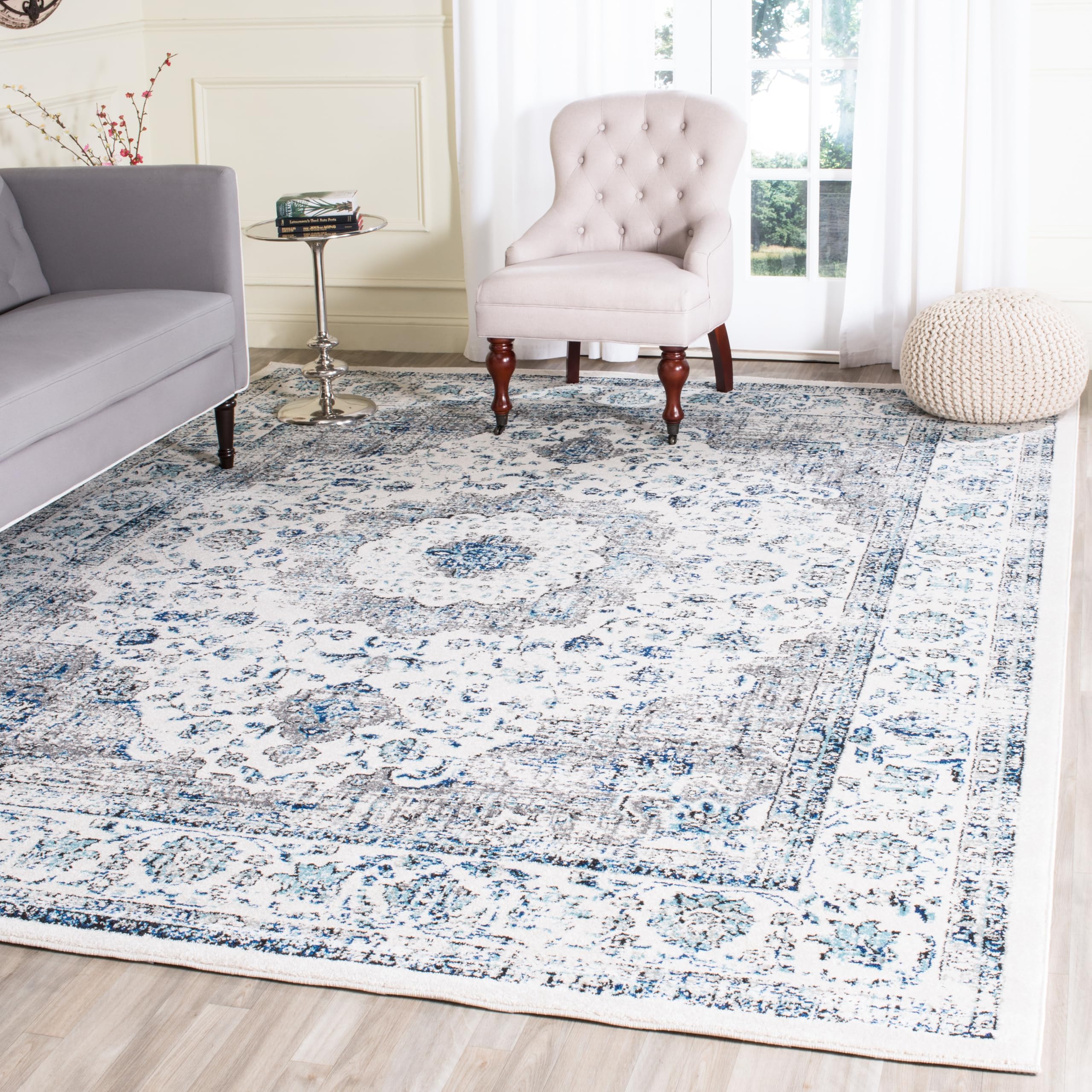 Evoke Collection Area Rug - 9' x 12', Ivory & Grey, Shabby Chic Oriental Medallion Design
