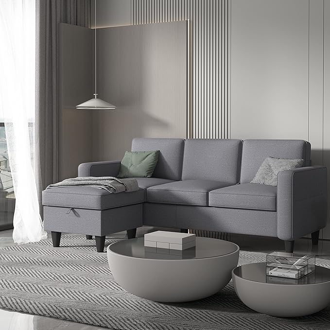 L-Shaped Sectional, Modern Linen Fabric 3-Seat Sofa Couch Furniture Set