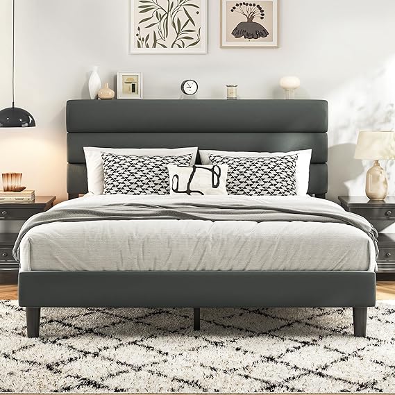 Queen Bed Frame with Velvet Upholstered Headboard