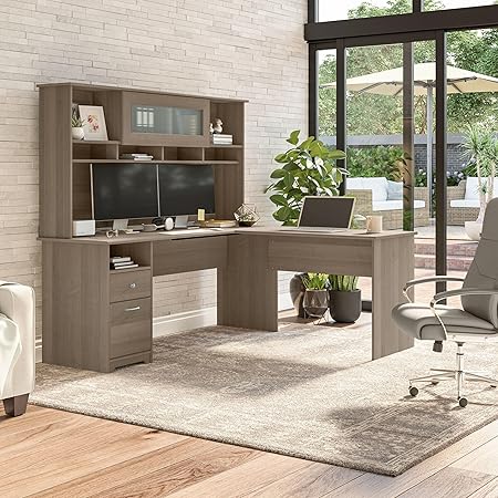 Cabot 72W Single Pedestal L Desk with Hutch, Heather Gray