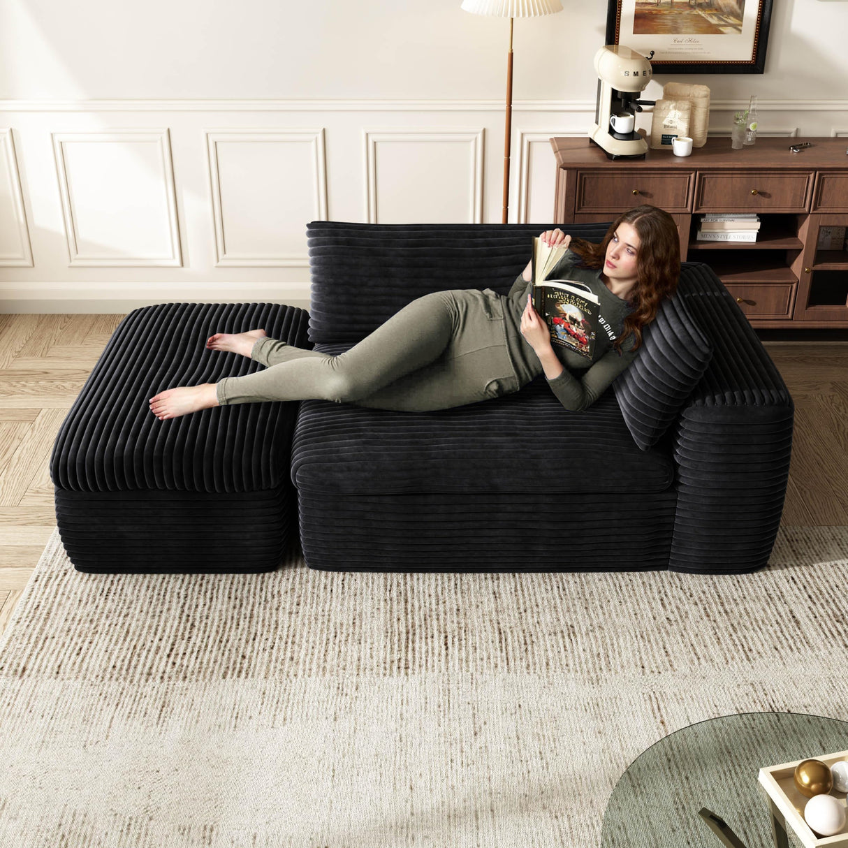 85'' Living Room Sectional Couch with Double Layer Black Plush Corduroy Fabric