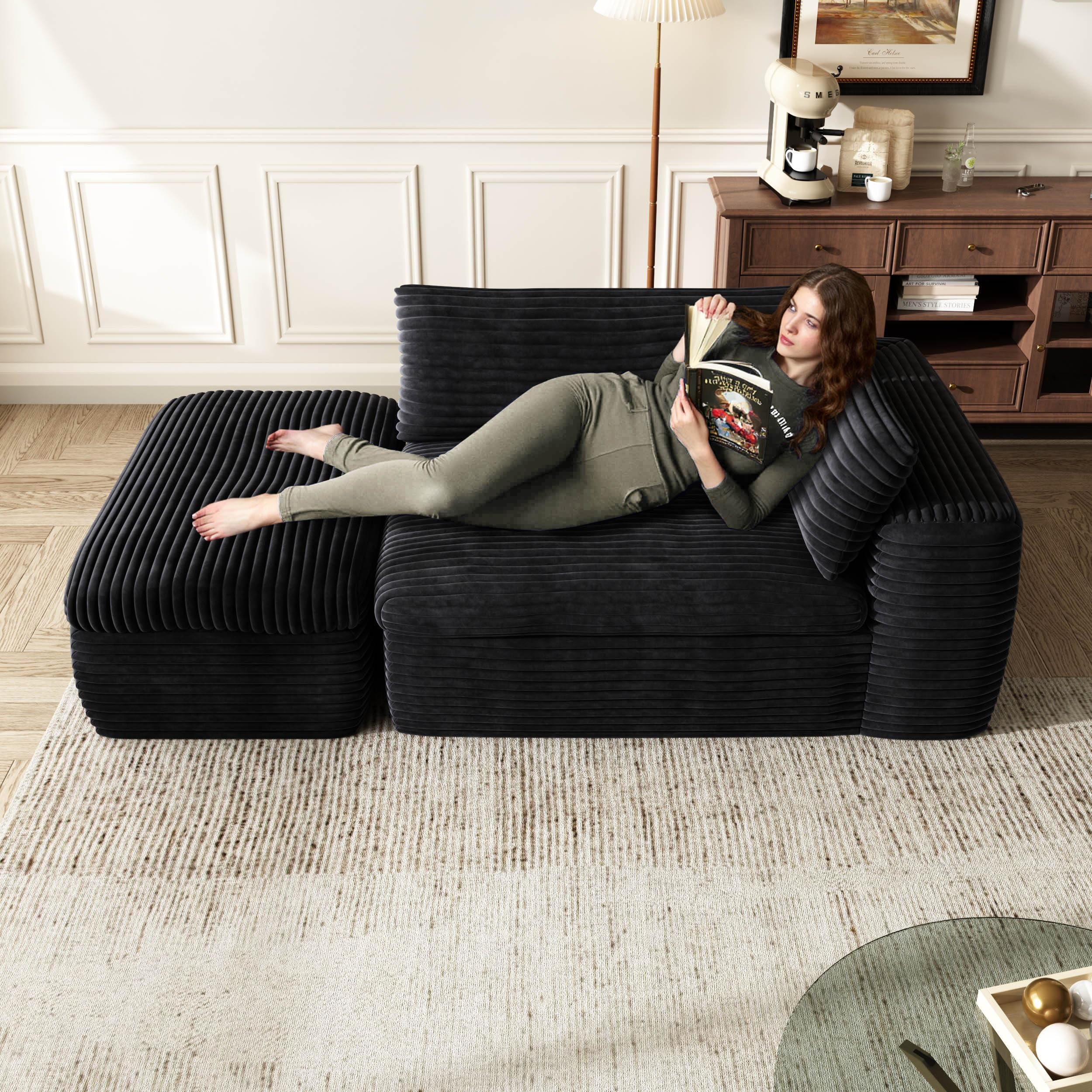 85'' Living Room Sectional Couch with Double Layer Black Plush Corduroy Fabric