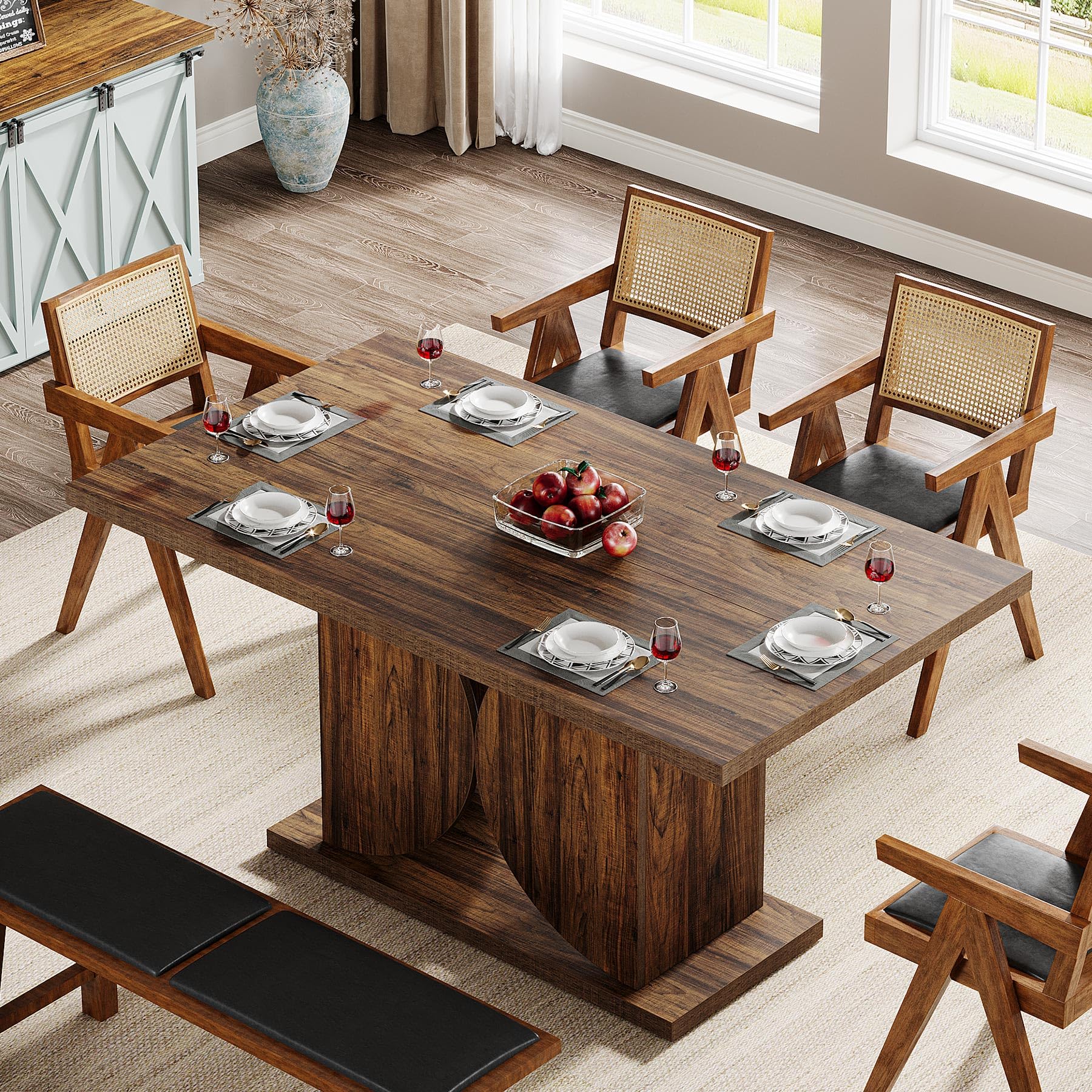 Tribesigns Farmhouse Dining Table for 4-6, 55.12" Rectangle Kitchen Table, Wood Dining Room Table with Dual Semi-Circle Pedestal Base, Dark Brown Dinner Table for Dining Room, Kitchen (Table Only)