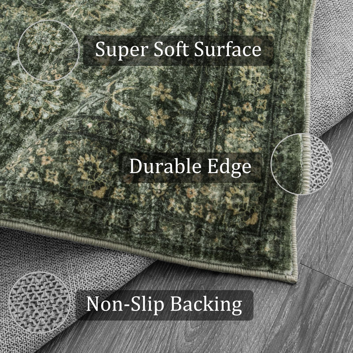 Morebes Vintage Throw Rugs, Boho 3x5 Washable Rug Non Slip,Soft Area Rug for Bedroom,Distressed Non-Shedding Floral Rug for Entryway Kitchen Foyer Bedside Playroom,Dark Green