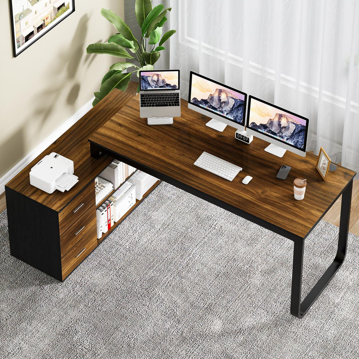 55 Inch L Shaped Desk with Drawers, Large Corner Computer Desk with 3 Drawers