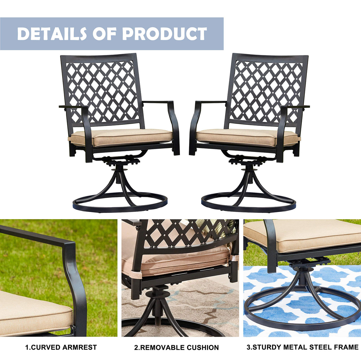 Patio Swivel Rocker Furniture Metal Outdoor Dining Chairs with Cushion Set