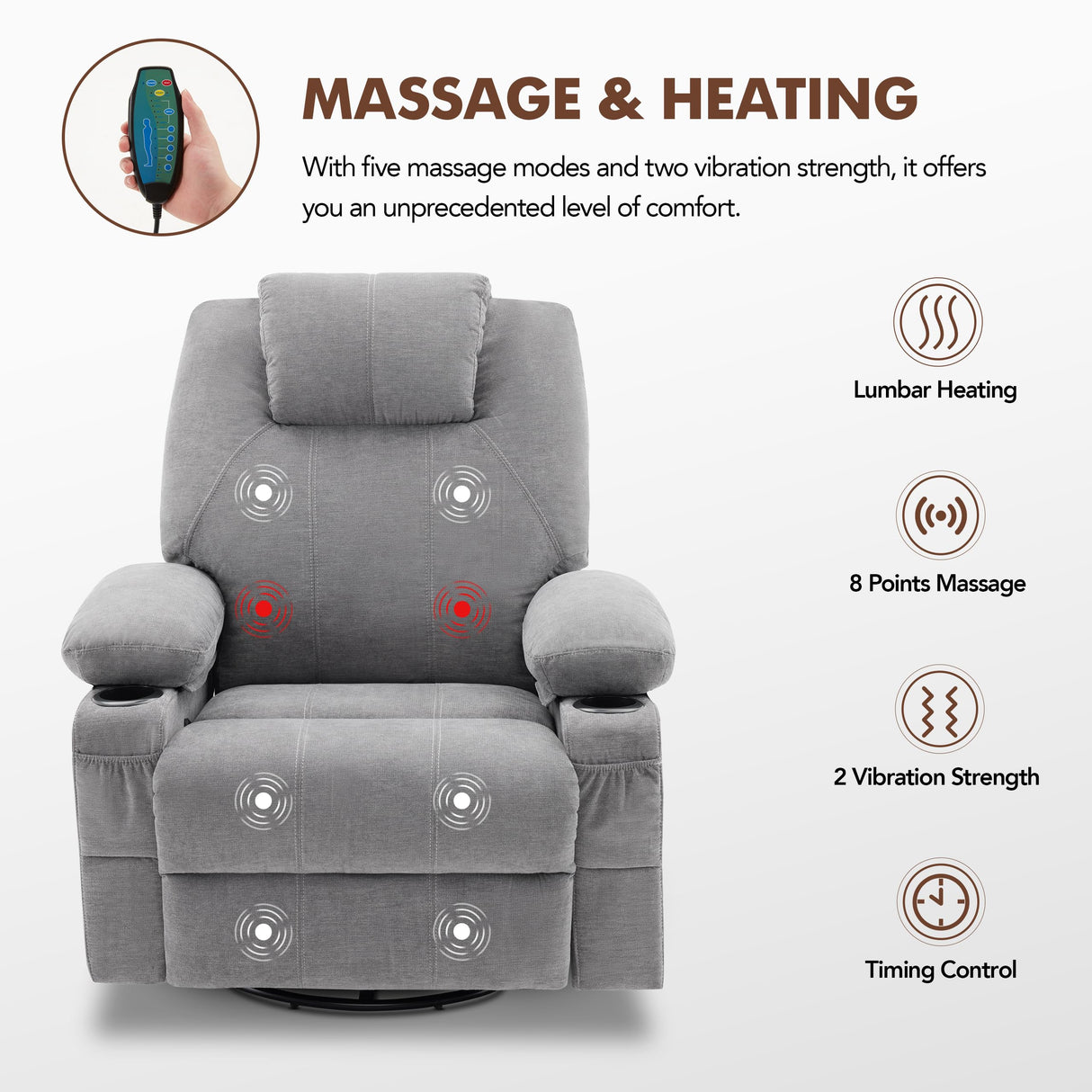 Swivel Rocker Recliner Chair with Heat and Massage, 360 Degree Swivel Rocking Single