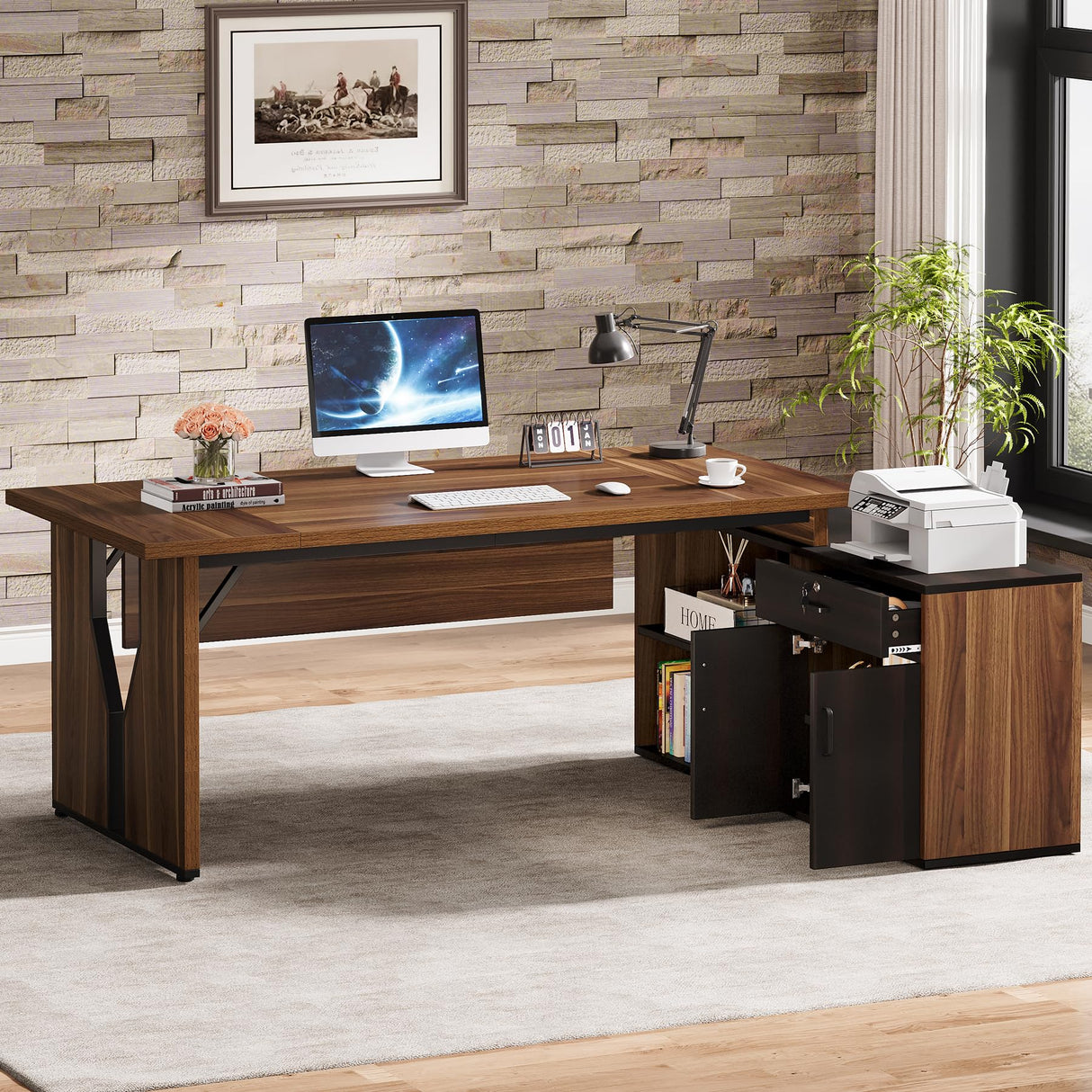 78.74 Inch Executive Desk with Cabinet, L-Shaped Office Desk with Locking