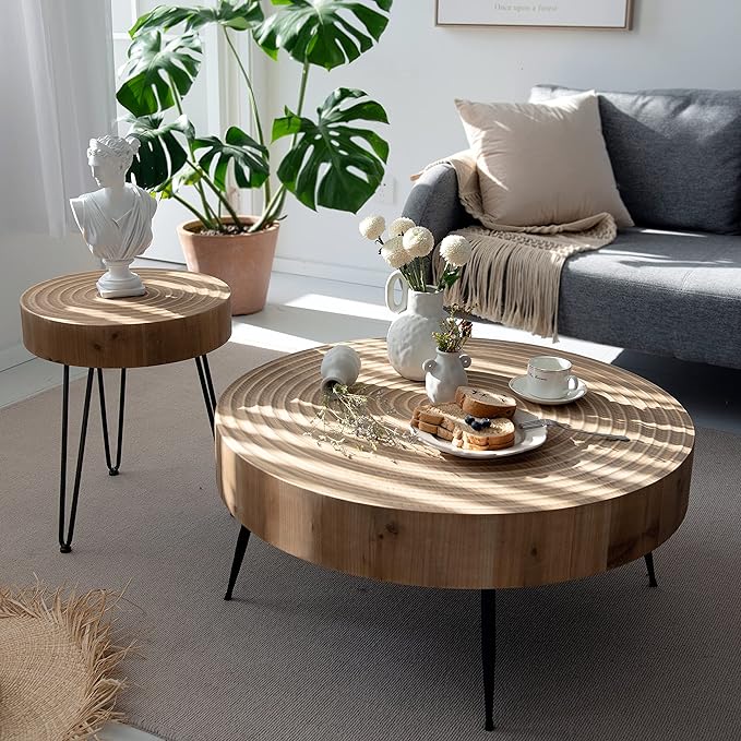 2-Piece Modern Farmhouse Living Room Coffee Table Set, Nesting Table Round