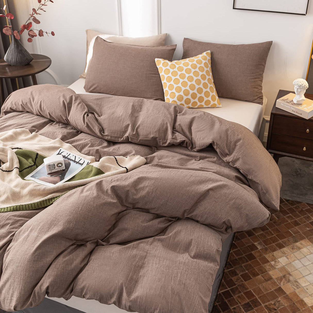 Cotton Duvet Cover King Ultra Soft 100% Cotton Solid Color Coffee Duvet Cover Set with