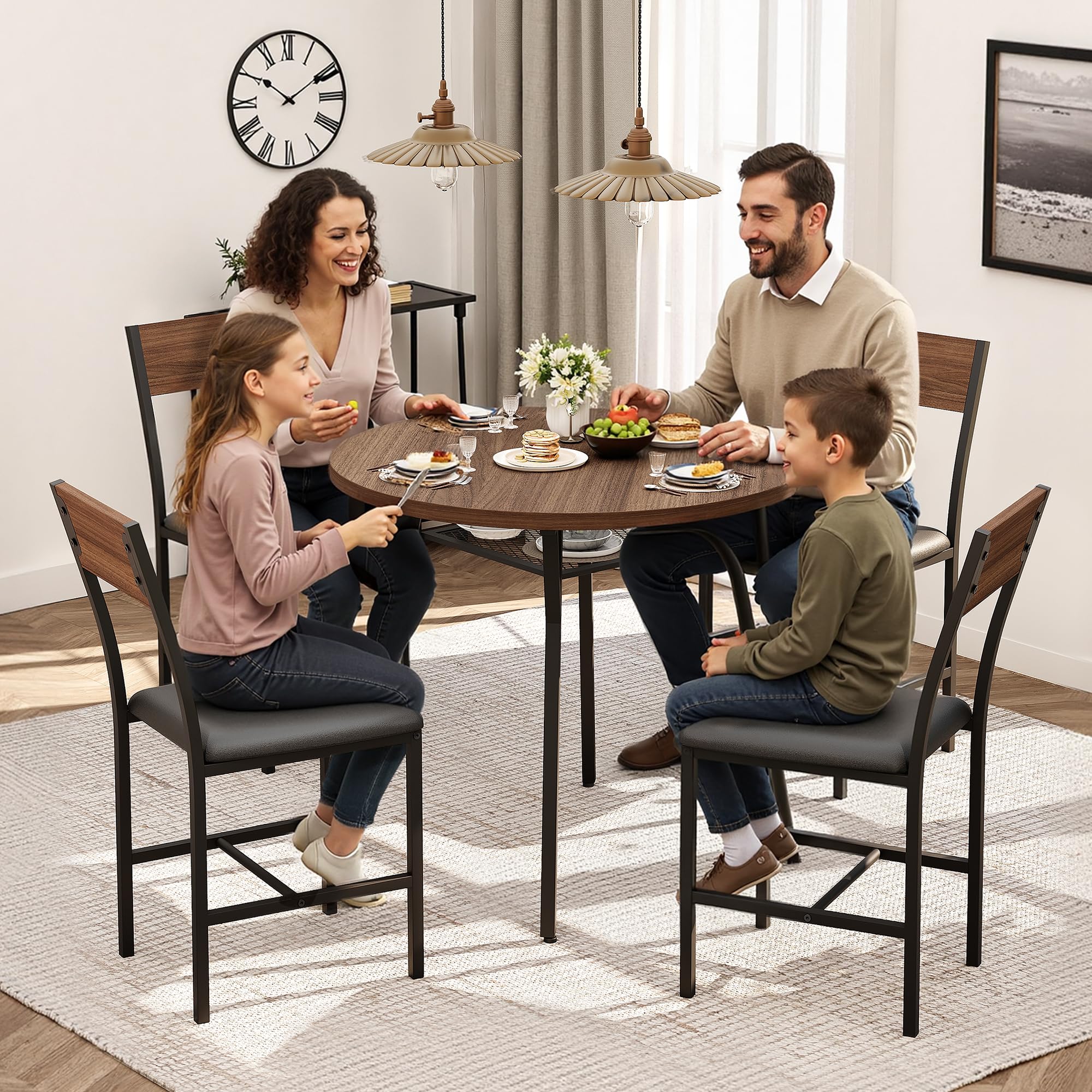 Round Dining Table Set for 4 with Pedestal Base - Walnut