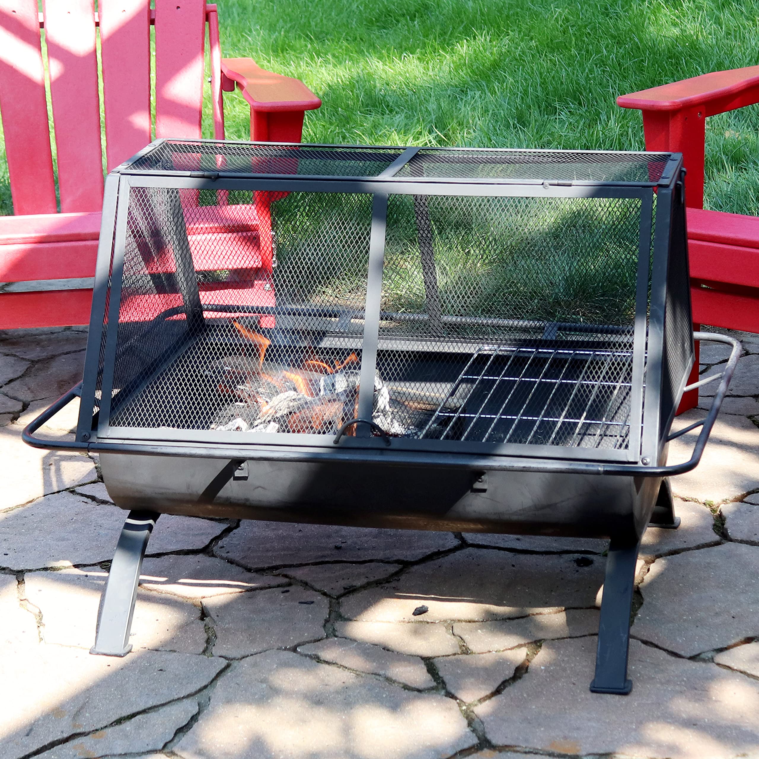 Sunnydaze 36 - Inch Northland Steel Outdoor Fire Pit with Grill and Spark Screen - Vinyl Protective Cover - Black Finish - Bircata