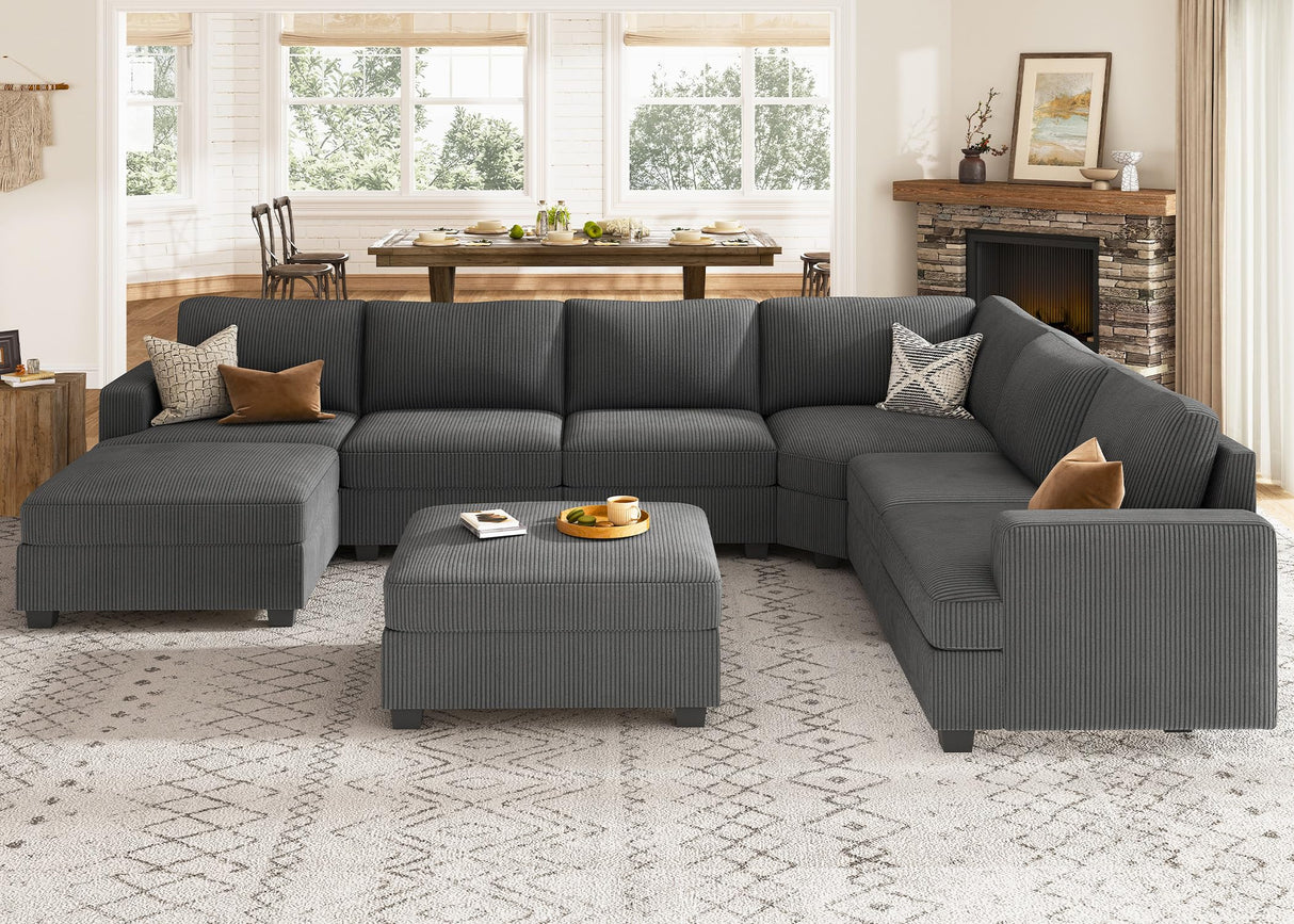 Sectional Couch with Storage Ottoman, Corduroy Modular Sectional Sofa