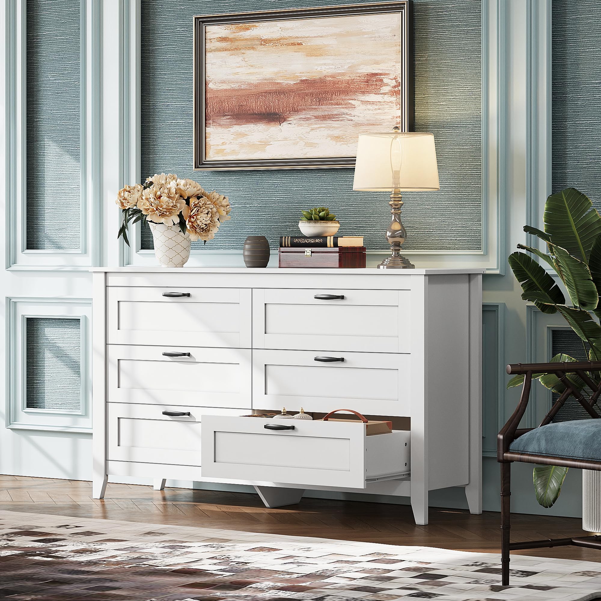 6 Drawer Dresser, Retro Chest of Drawers with Metal Handle, Double Wood Dresser