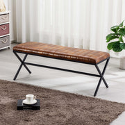 Leather Upholstered Dining Bench with Metal X Legs Yellowish Brown