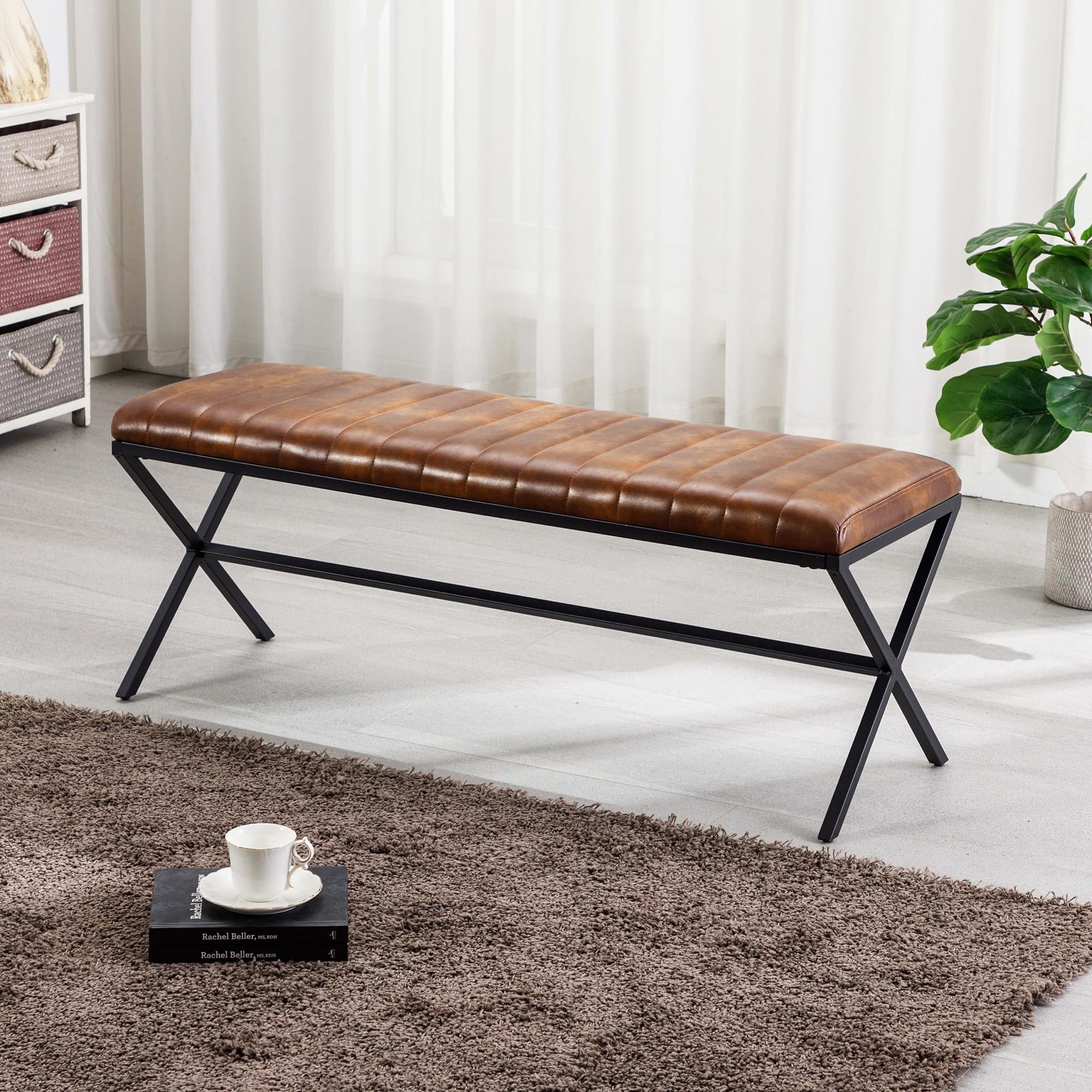 Leather Upholstered Dining Bench with Metal X Legs Yellowish Brown