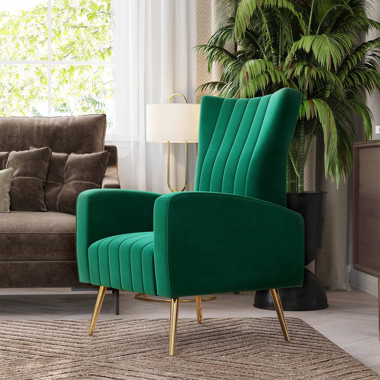 Accent Chairs for Living Room, Modern Wingback Vanity Chair Upholstered Arm Chair High Back Accent Chair with Metal Legs, Armrests for Living Room Bedroom- Kinsley (Green)