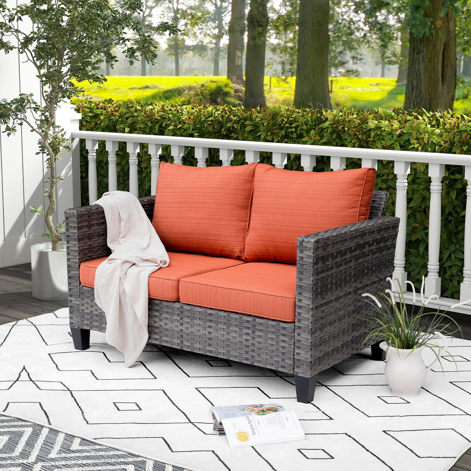 Patio Sofa Loveseat, 2-Seater Outdoor Wicker Rattan Sofa Couch