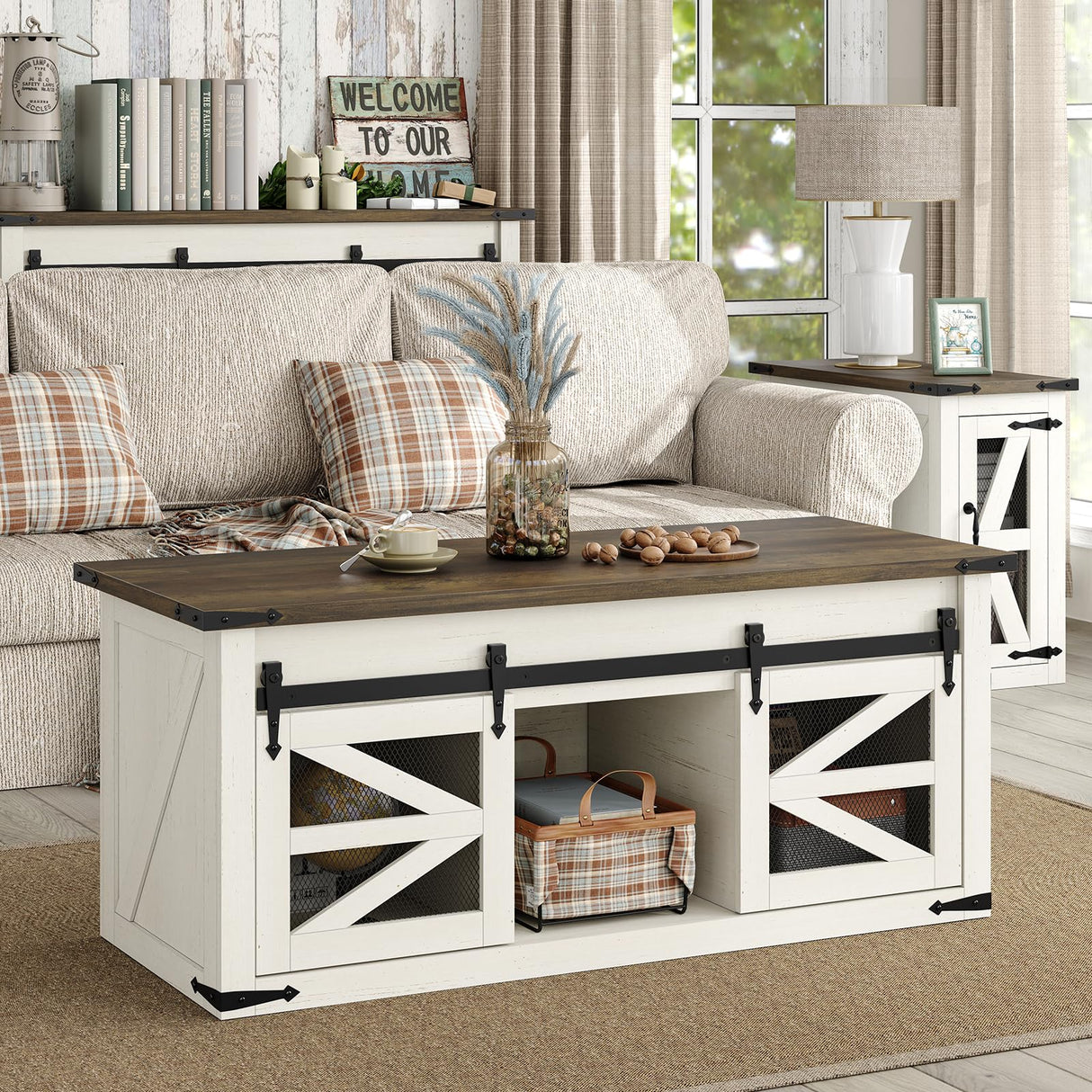 Lift Top Coffee Table with Storage, 47.3'' White Farmhouse Center Table