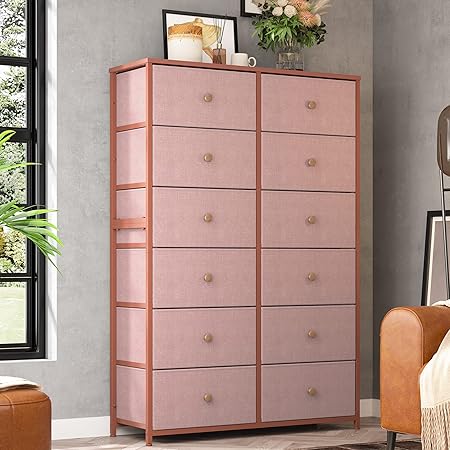 EnHomee 12 Drawer Dresser with Wooden Top and Metal Frame, Tall Fabric Dresser & Chest of Drawers for Bedroom Closet Living Room, Rustic Brown, 11.8" D x 34.7" W x 52.4" H