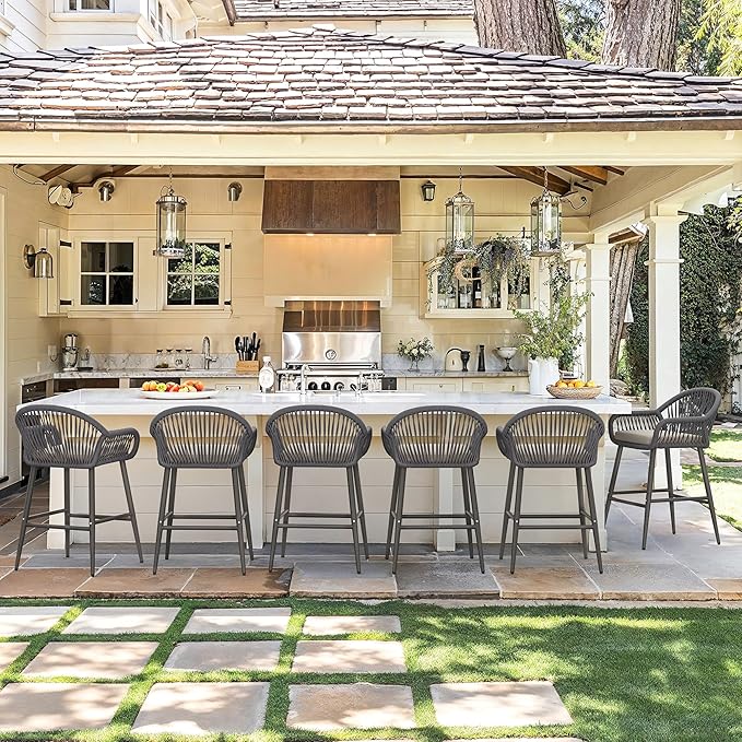 Outdoor Bar Stools Set of 4, 26.8" H Rattan Outdoor Counter Height Bar Stools
